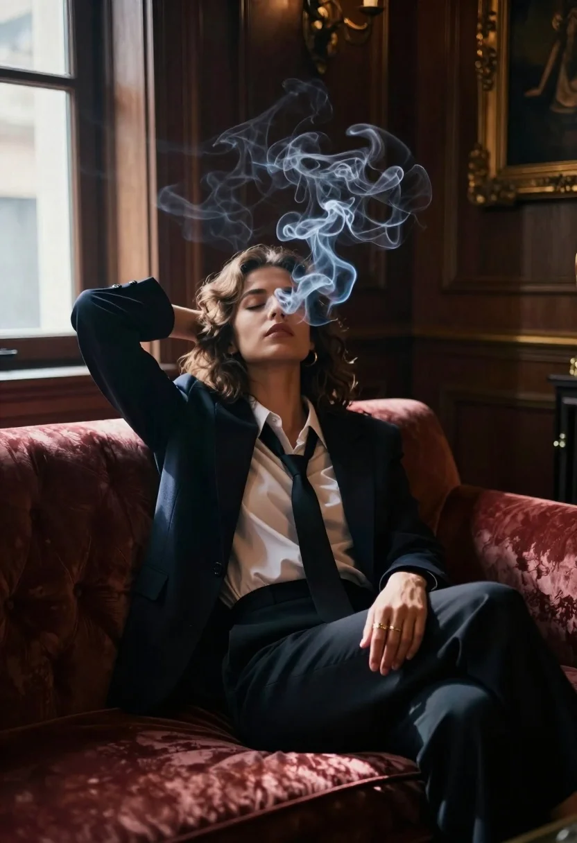 Cinematic Shot Woman Seated Opulent Room With Volumetric Smoke Swirling reference photo