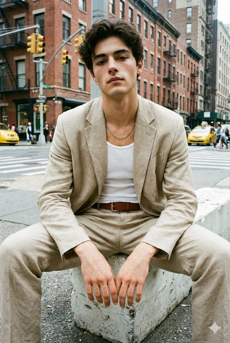 A man in a loose beige suit and white tank top, sitting relaxed on a street corner in NYC, captured in natural daylight.