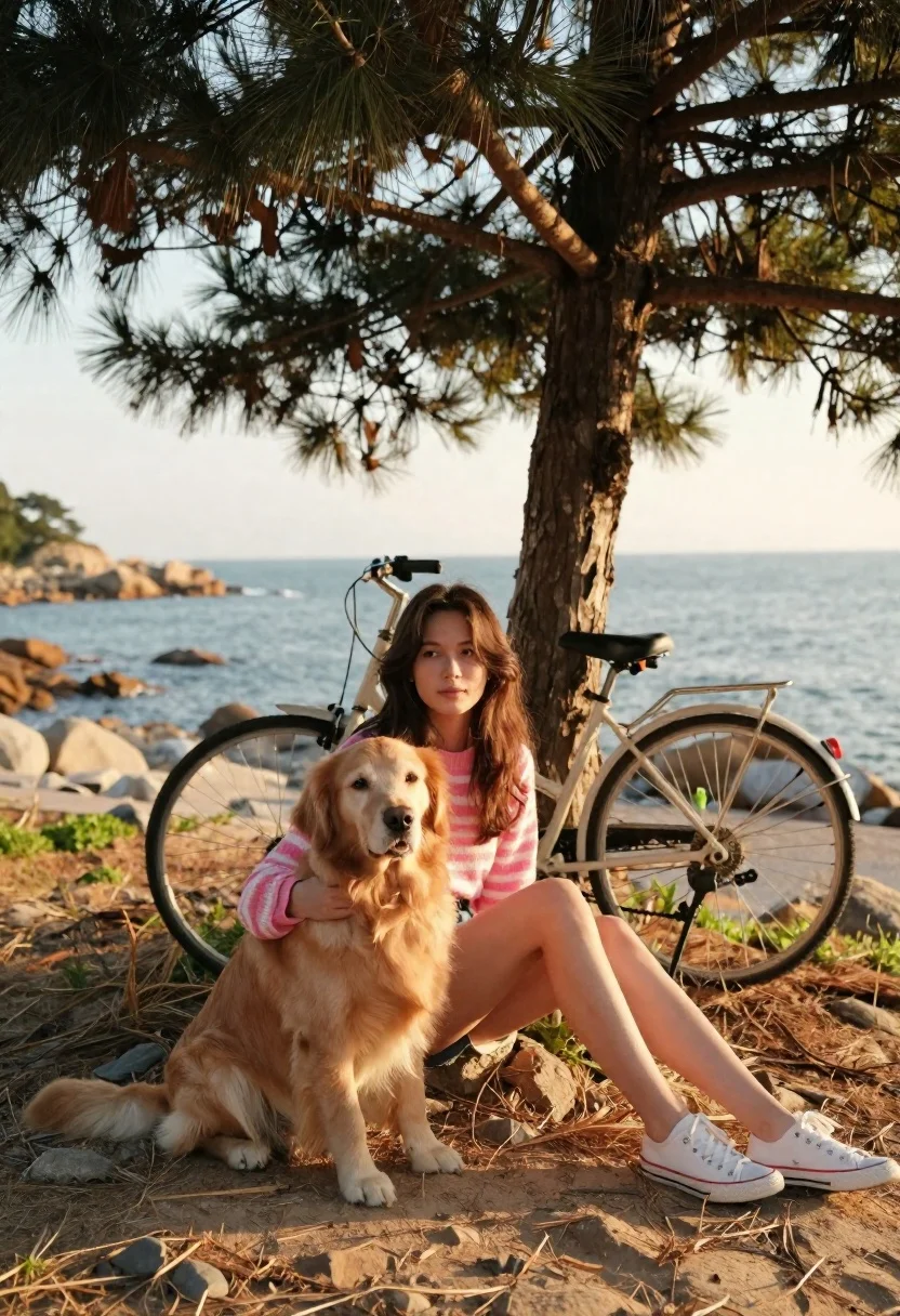 Young Woman Sits Under Large Pine Tree Next Golden Retriever