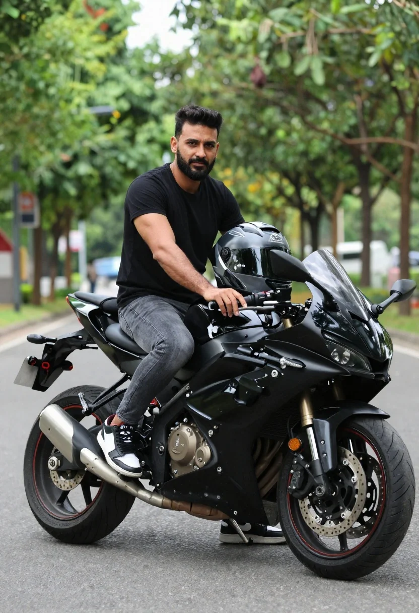 Photorealistic Portrait Confident Man Sitting Sleek Black Sport Motorcycle Outdoor reference photo