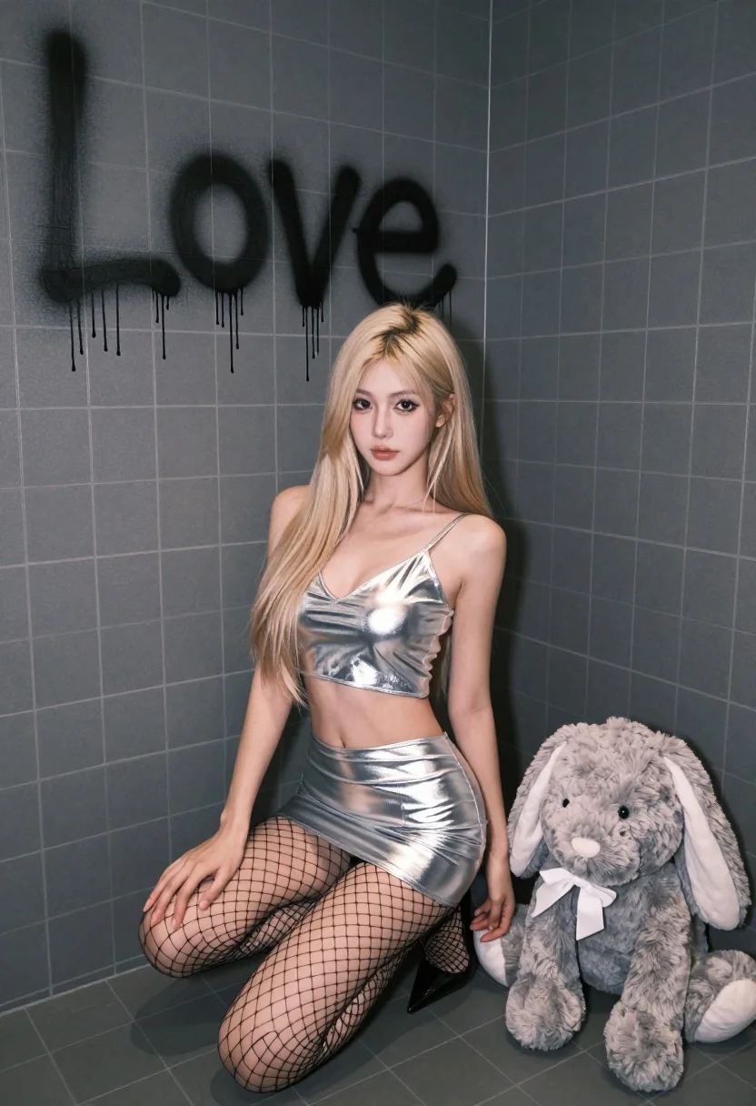 A young woman with long blonde hair crouching in a corner of a tiled room next to a large grey stuffed bunny, illuminated by soft light.