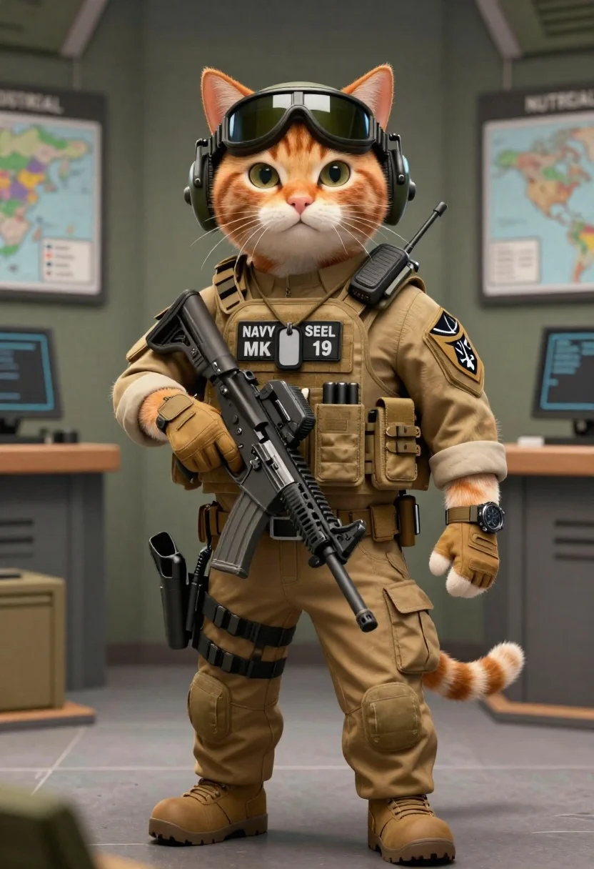 Highly Detailed Render Tactical Orange Tabby Cat Standing Military Briefing reference photo