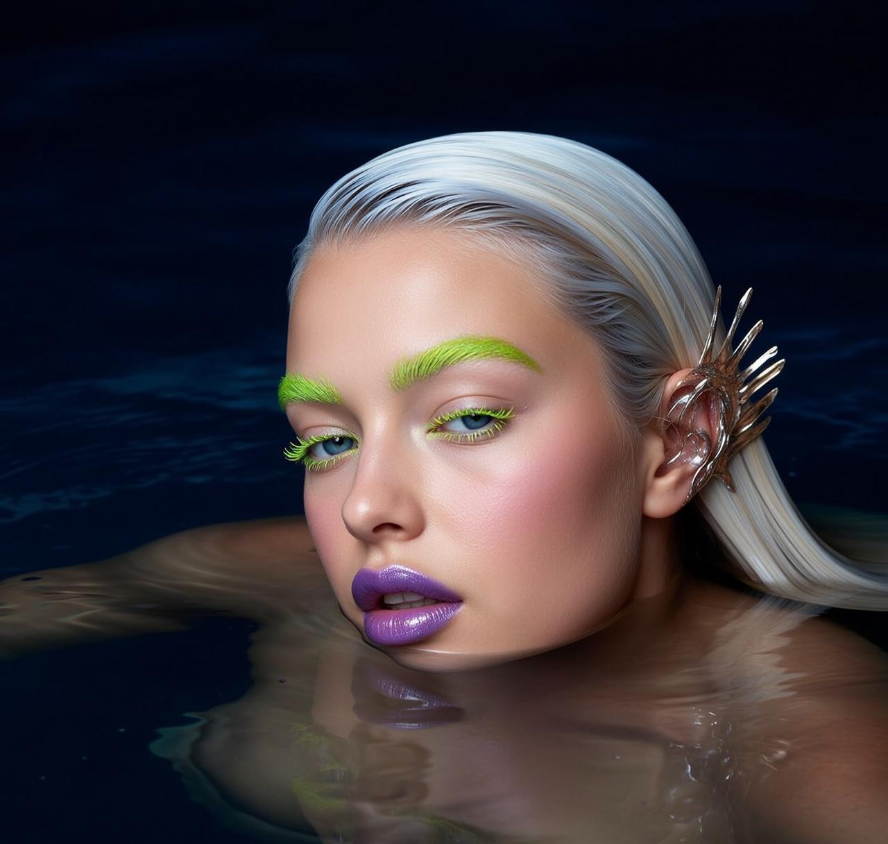 Makeup Partially Submerged Dark Water Her Head