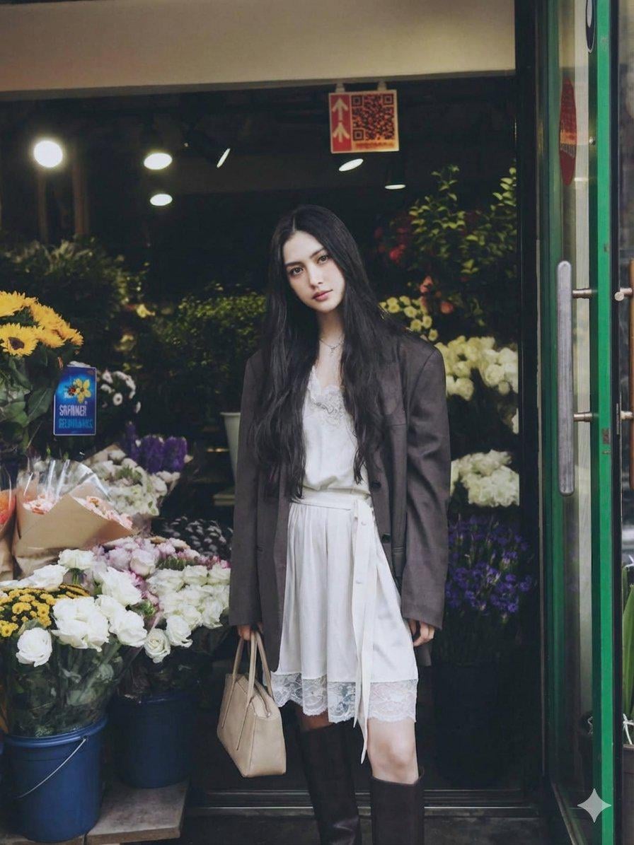 Flower Shop Doorway Silk Dress Blazer Boots