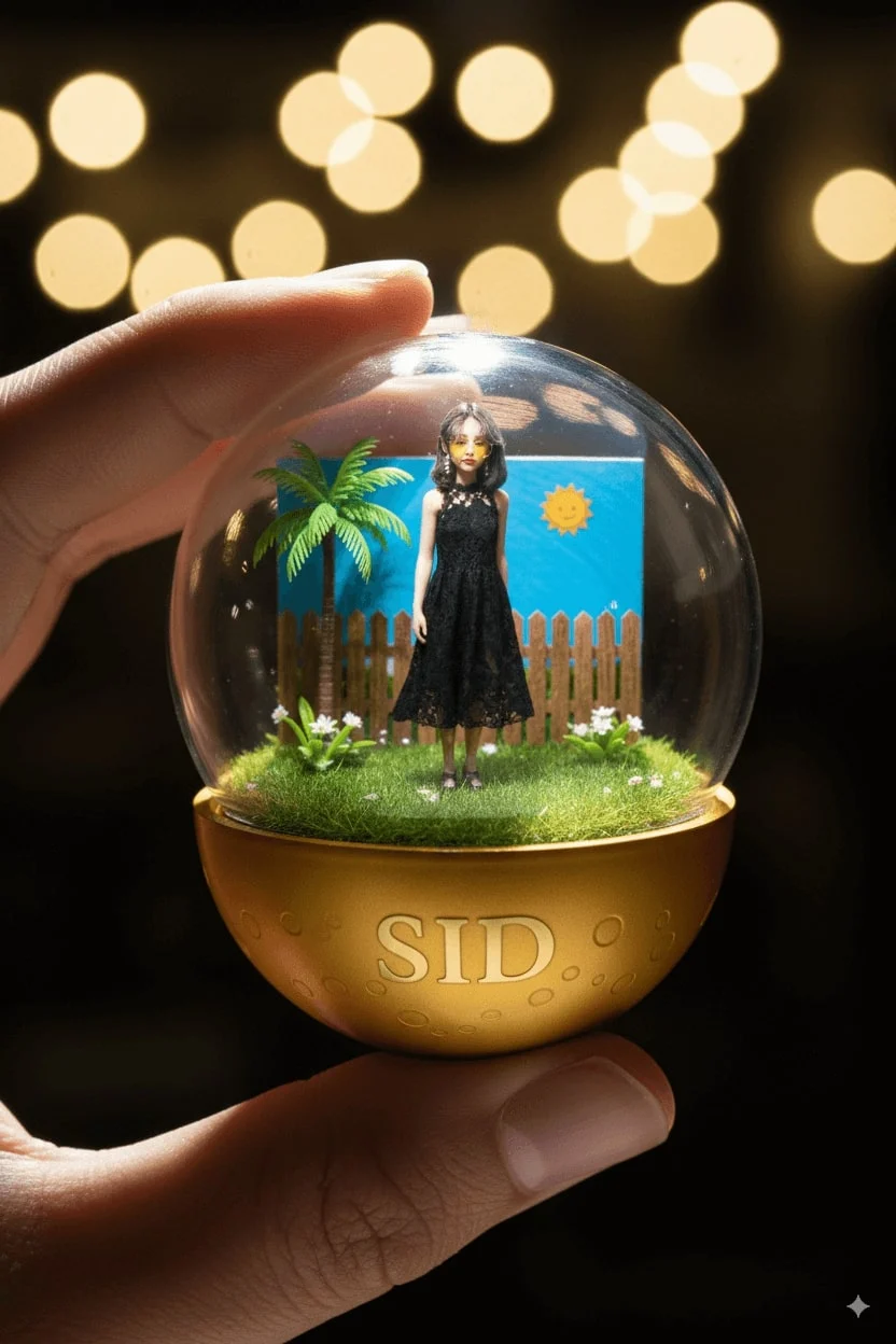 A detailed gashapon capsule diorama featuring Nano Banana in an iconic pose, with a royal blue base and dramatic lighting.