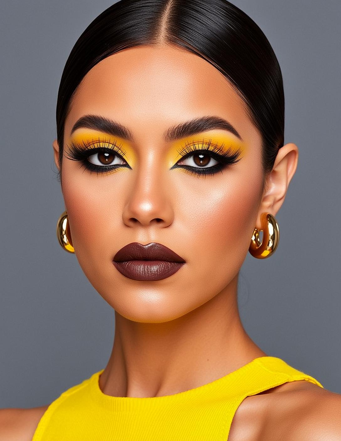 Photorealistic Portrait Woman With Dark Slicked-back Hair Pulled Into Tight