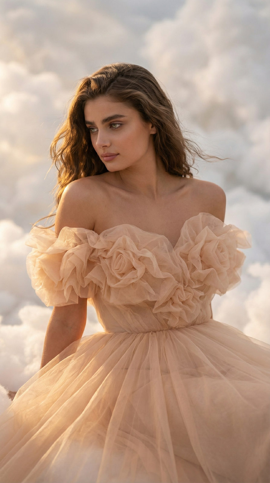 A girl reclining in fluffy clouds wearing a soft peach-nude off-shoulder dress with translucent ruffles, glowing in golden hour light.
