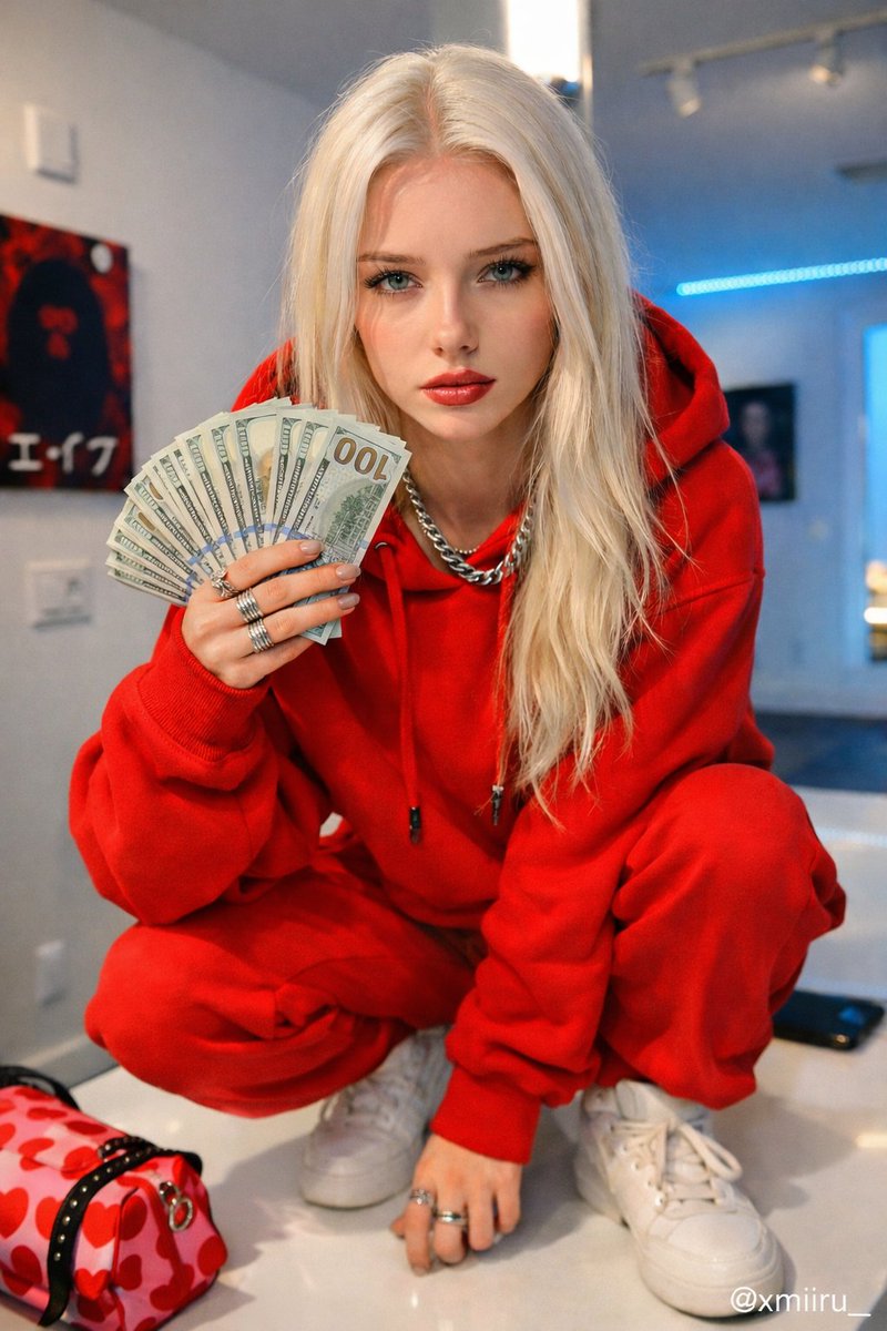 Ultra-realistic portrait of a person in an oversized red hoodie, crouching on a white kitchen counter, holding US $100 bills.