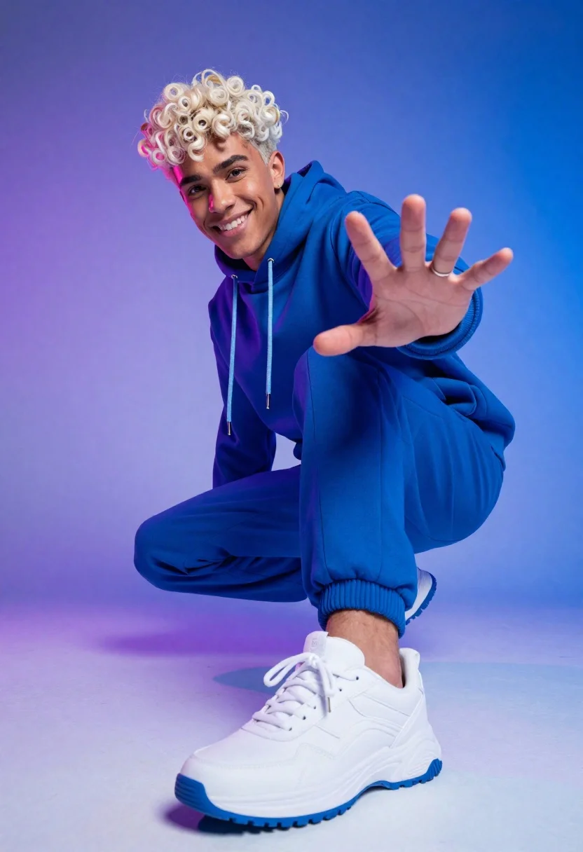 Dynamic Low-angle Shot Young Man With Platinum Blonde Curly Hair