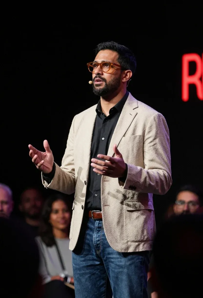 Man Stands Stage Delivering Speech With Focused Expression And Open