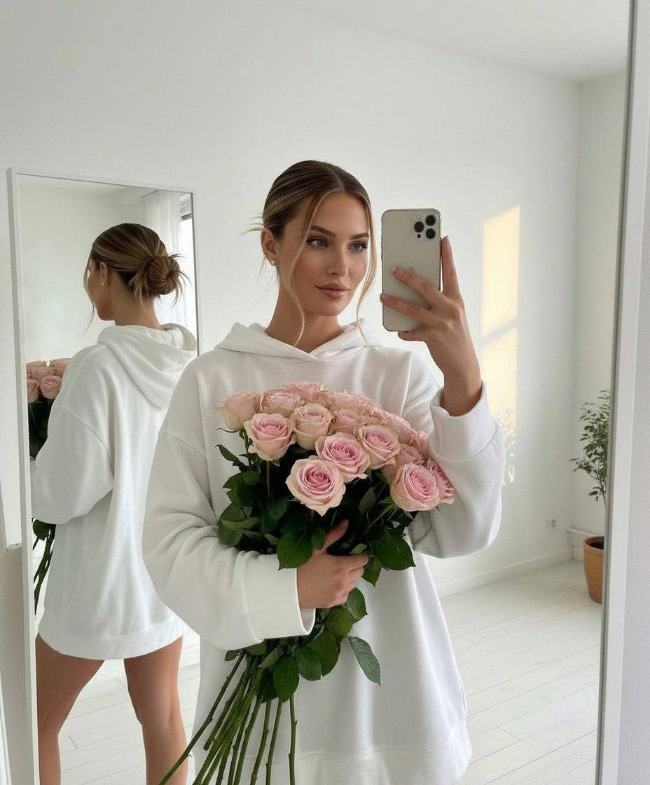 A girl in an oversized hoodie holds soft pink roses in front of a mirror, with a cozy interior background and warm lighting.