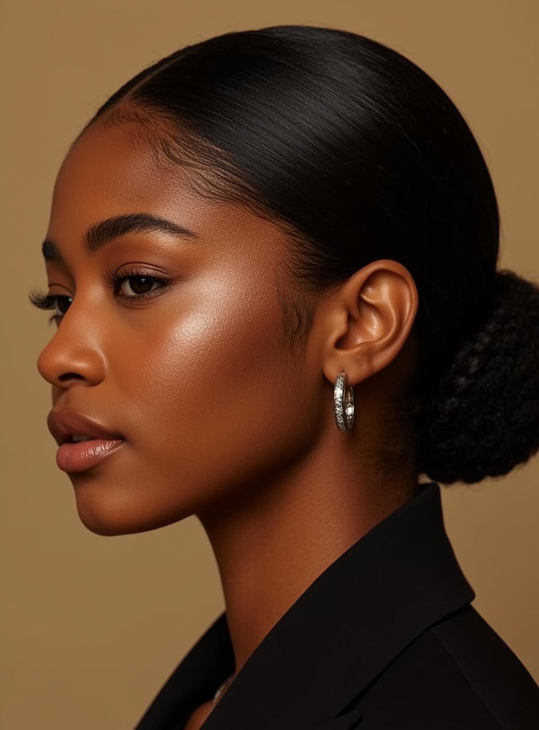 Dark Skin Woman Black Blazer Diamond Hoops Profile
