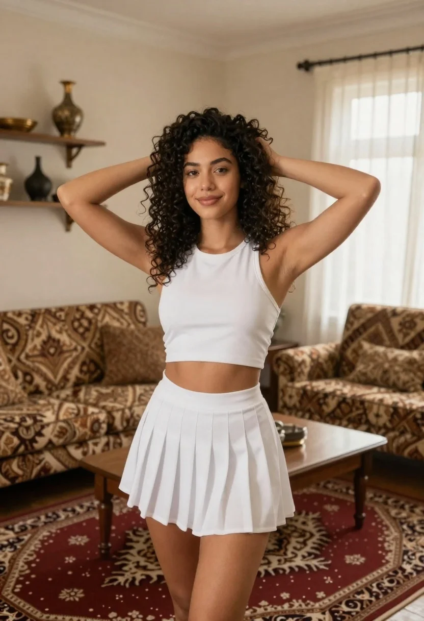 Full Shot Young Woman With Voluminous Dark Curly Hair Standing reference photo