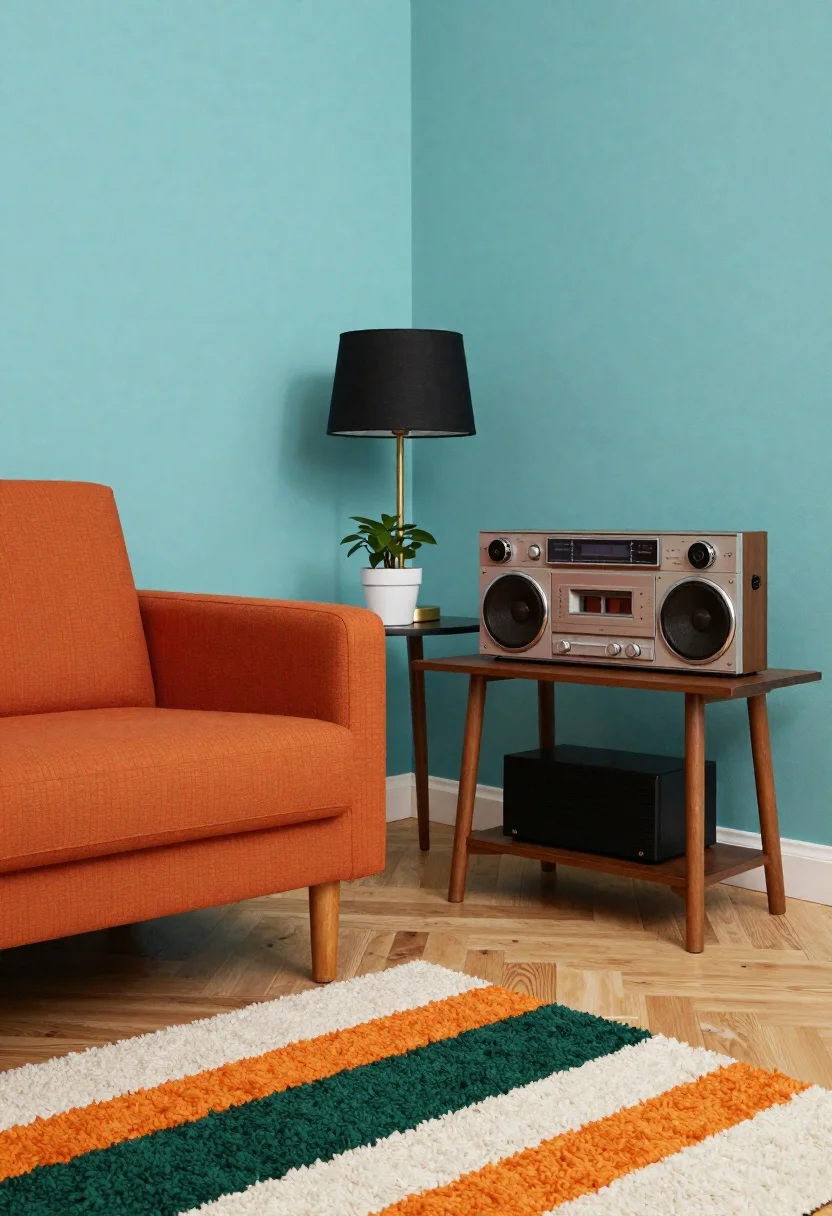 Stylized Interior Scene Mid-century Modern Living Room Corner With Bold reference photo