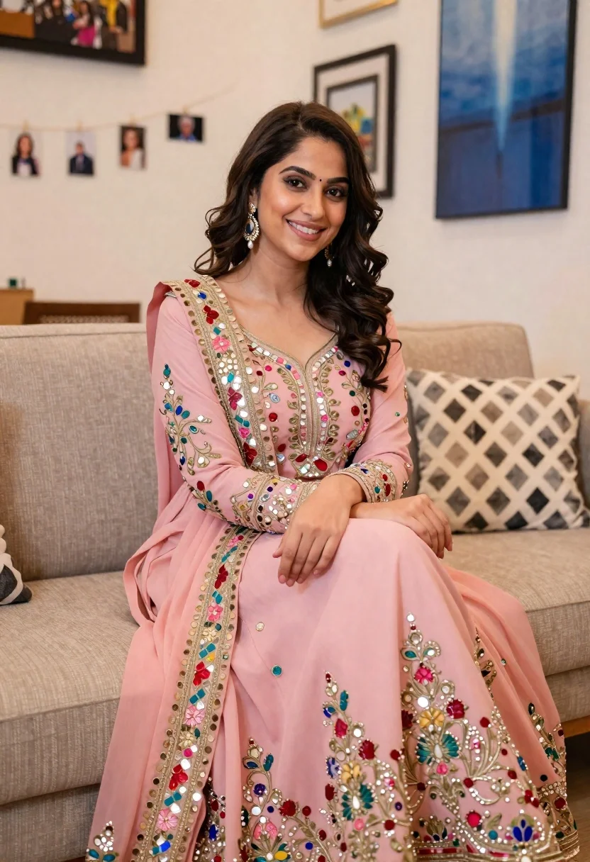 Smiling Woman With Dark Wavy Hair Sits Gracefully Beige Sofa reference photo
