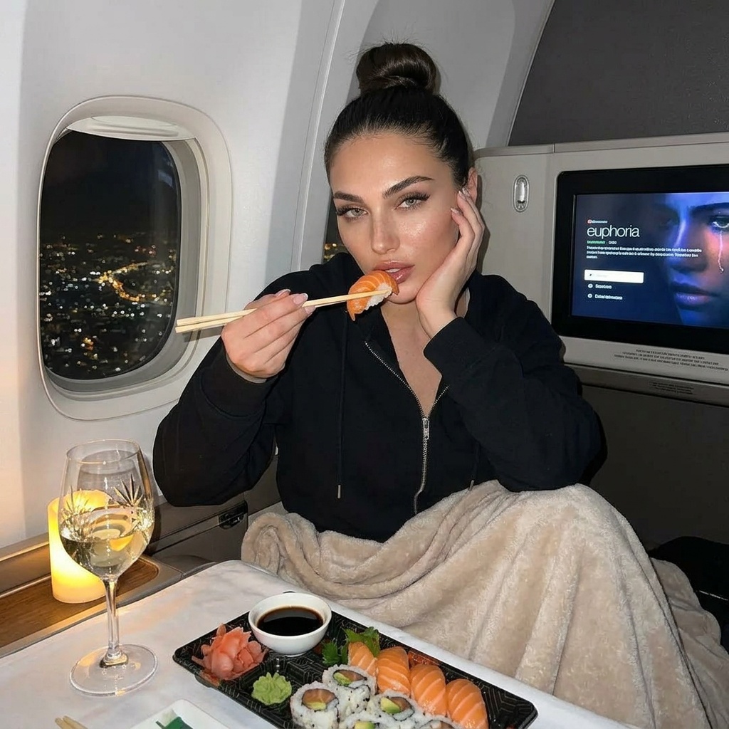 Photorealistic first-class sushi cabin preview with the reviewed outfit, pose, setting, lighting, and camera framing.