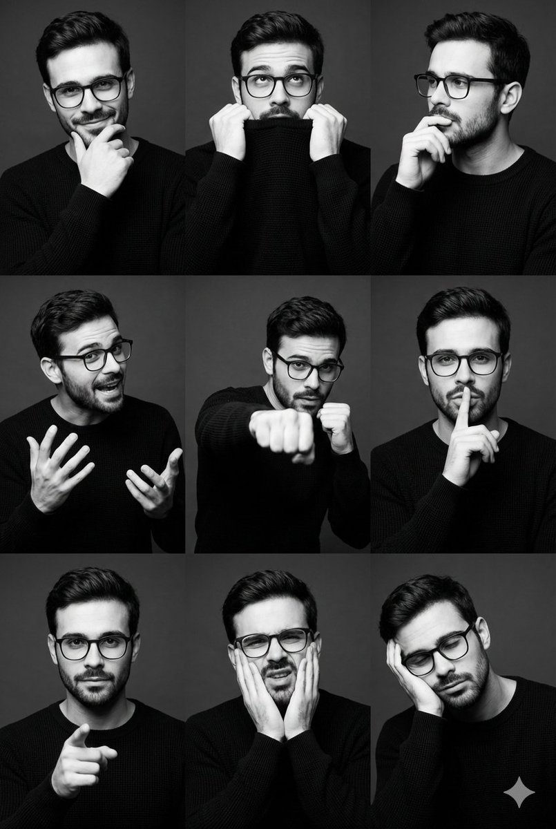 Athletic male model in black sweater, smirking, hand on chin against dark gray backdrop.