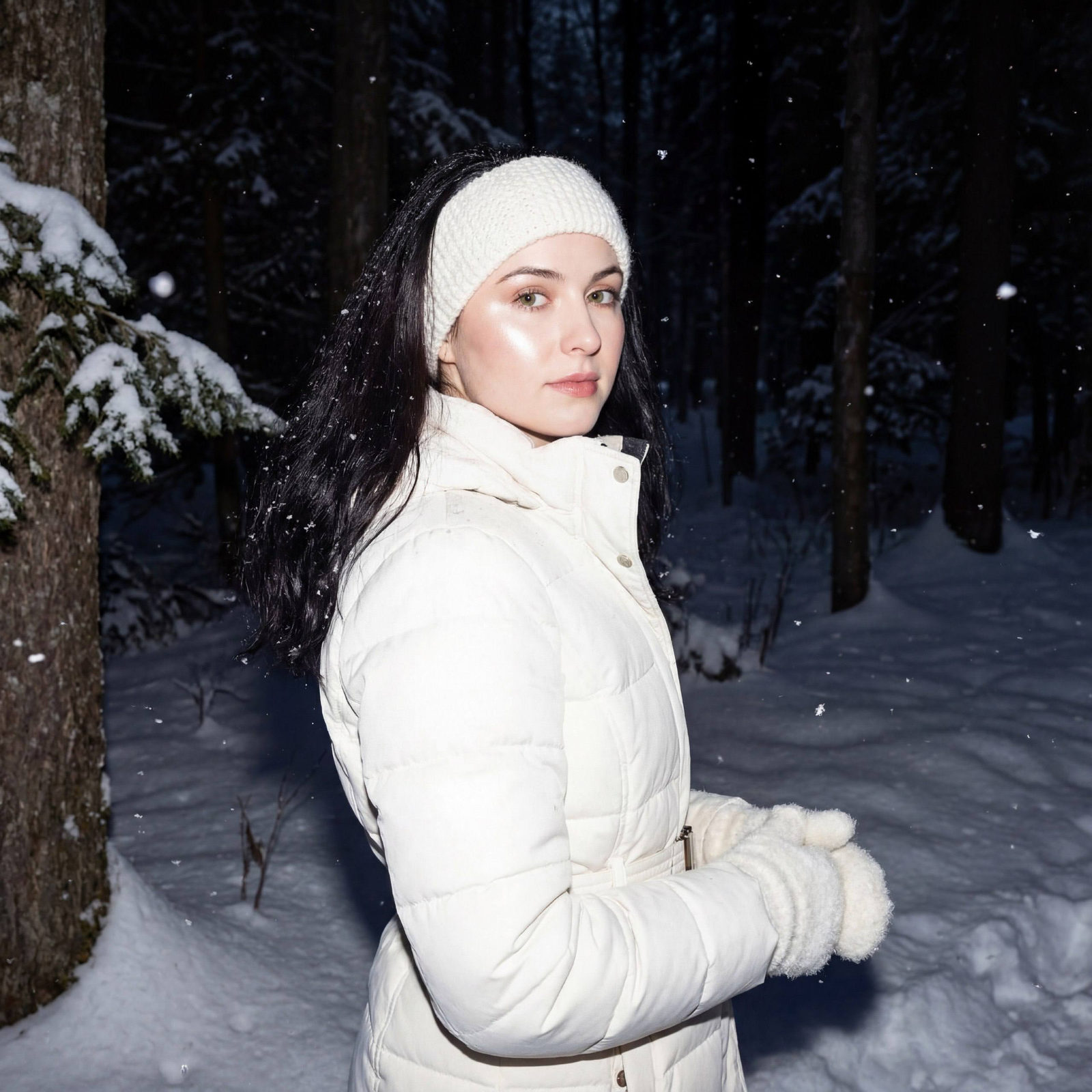 A girl in a winter jacket stands in a snowy forest at night, wearing a headband and fluffy mittens, with a softly lit face.