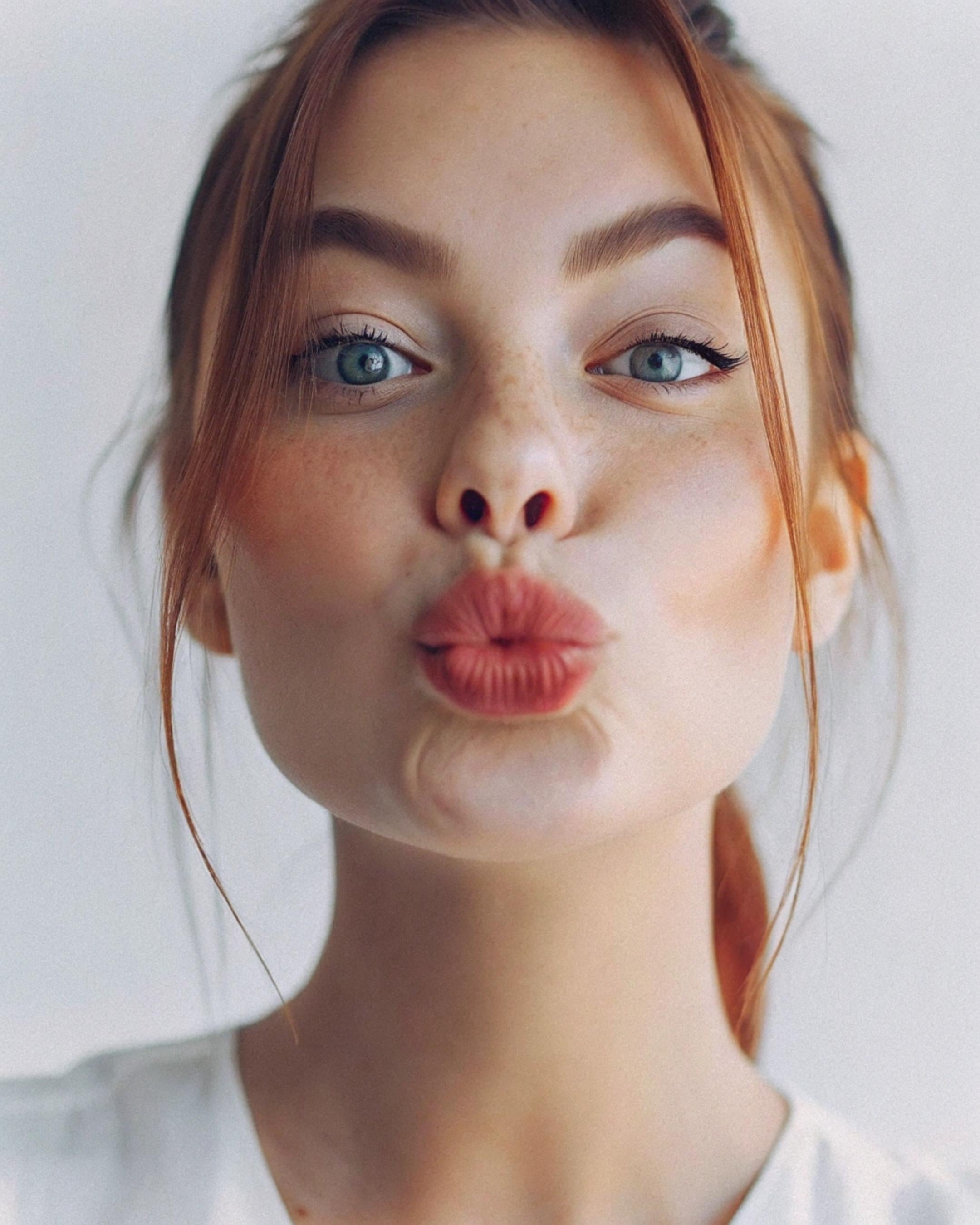 Playful Puckered Lips Soft Studio Lighting Neutral Wall