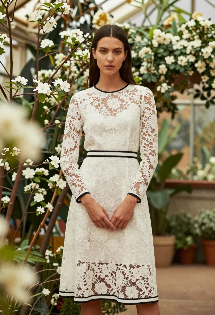 Woman Stands Lush Floral Garden Wearing Elegant White Lace Dress
