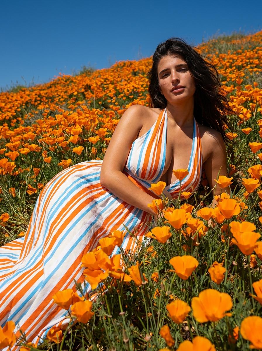 Sunlit Orange Poppy Field Fashion Editorial