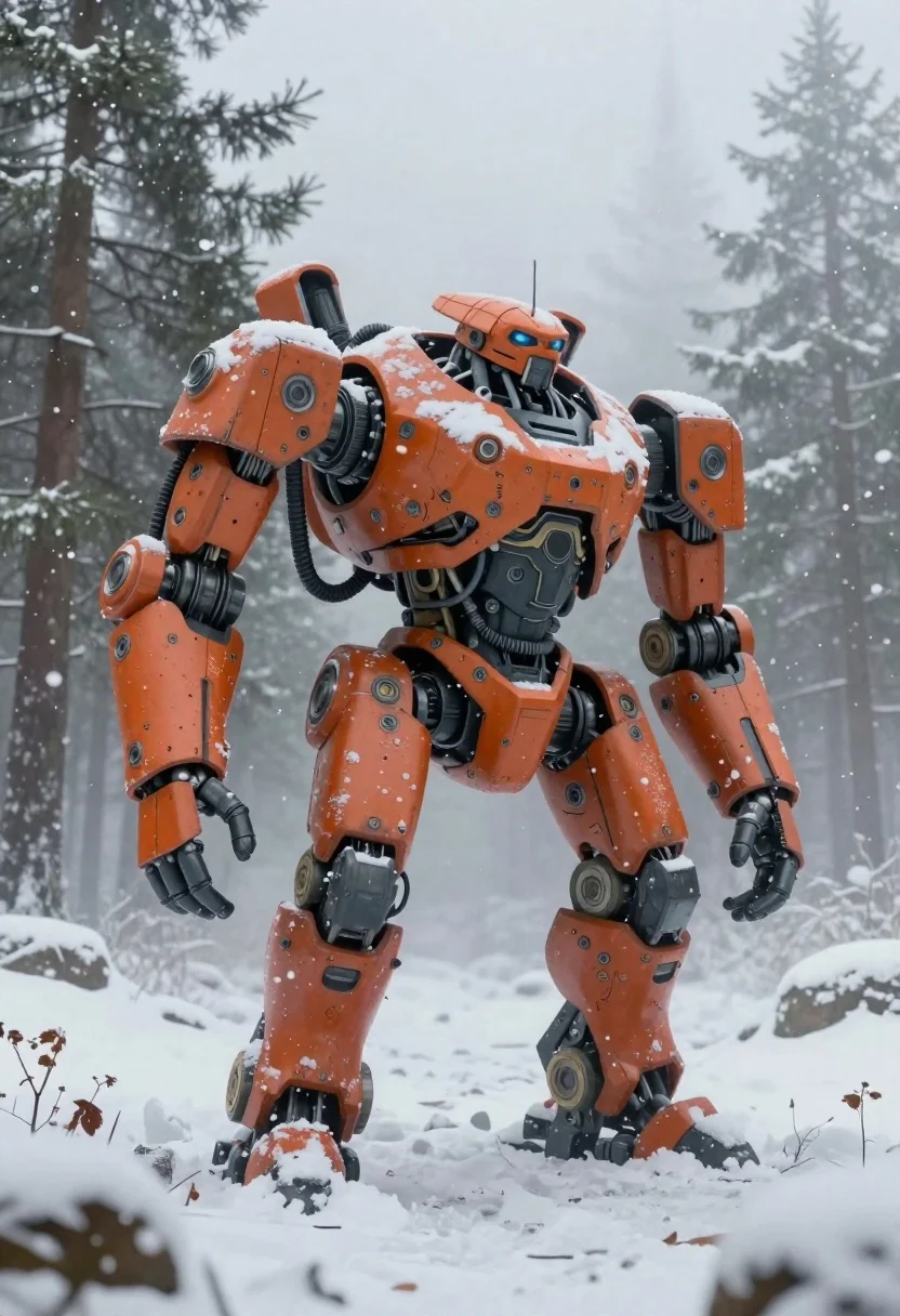 Cinematic Shot Massive Orange Bipedal Robot Standing Deep Snow And reference photo