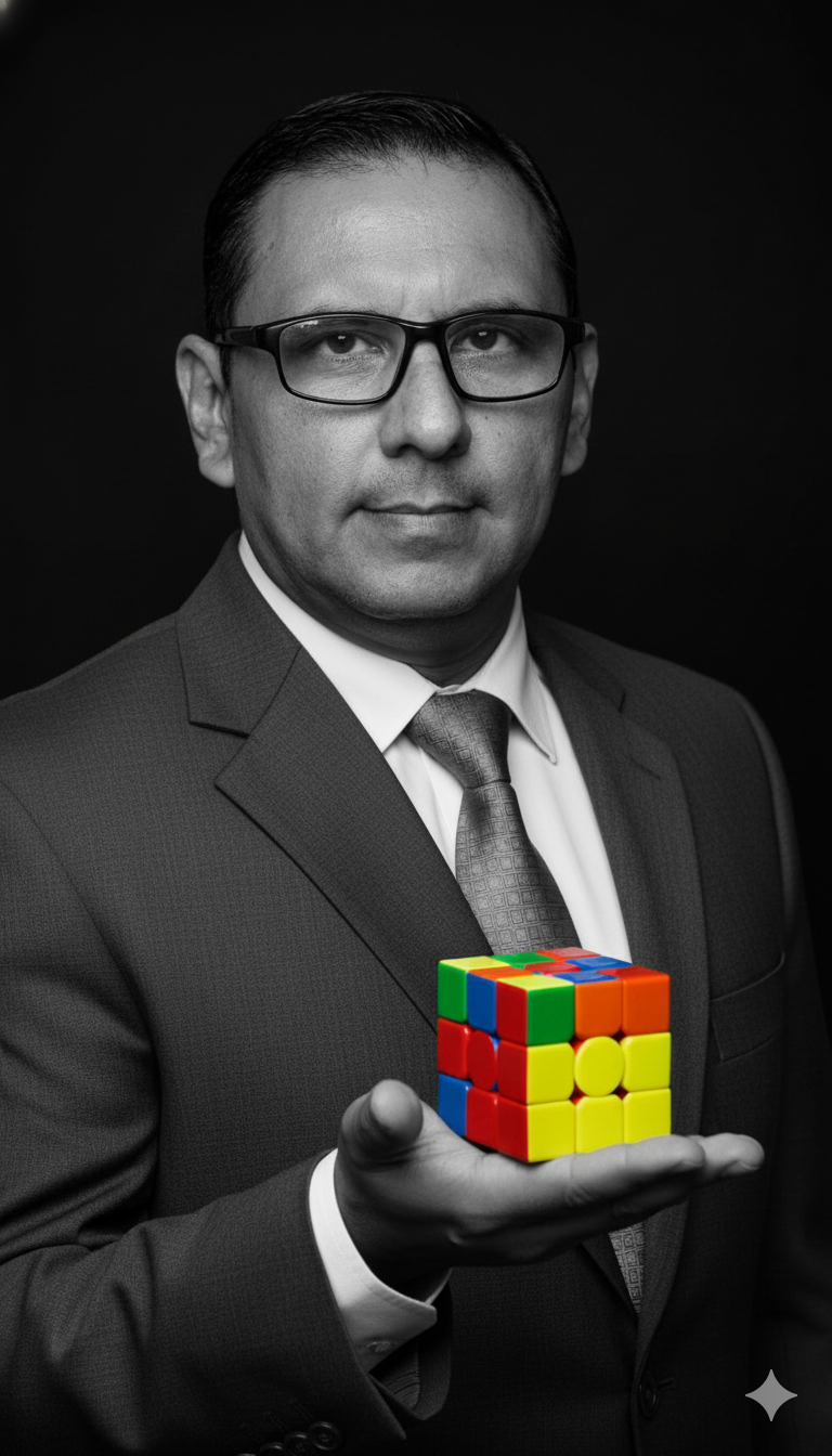 Retrato hiperrealista en blanco y negro de un hombre elegante con traje y corbata sosteniendo un cubo Rubik colorido.