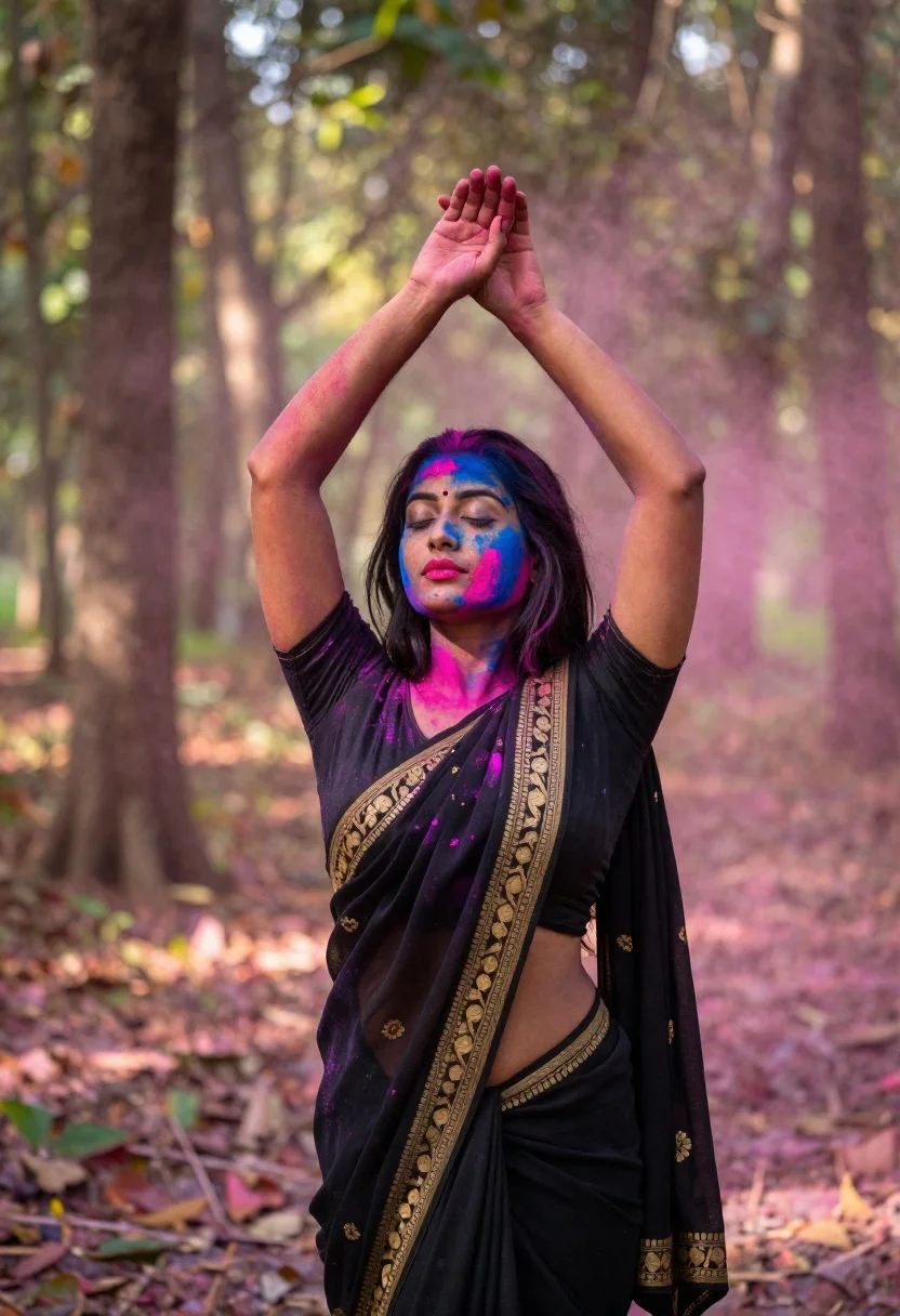 Woman With Long Black Hair Stands Forest Clearing Her Arms
