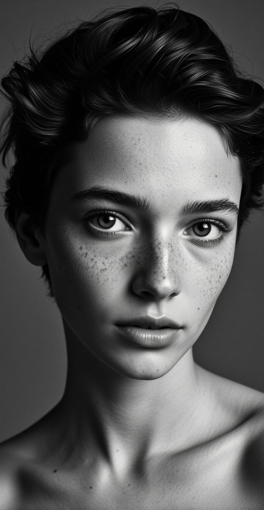 Photorealistic Black And White Close-up Portrait Young Woman With Neutral