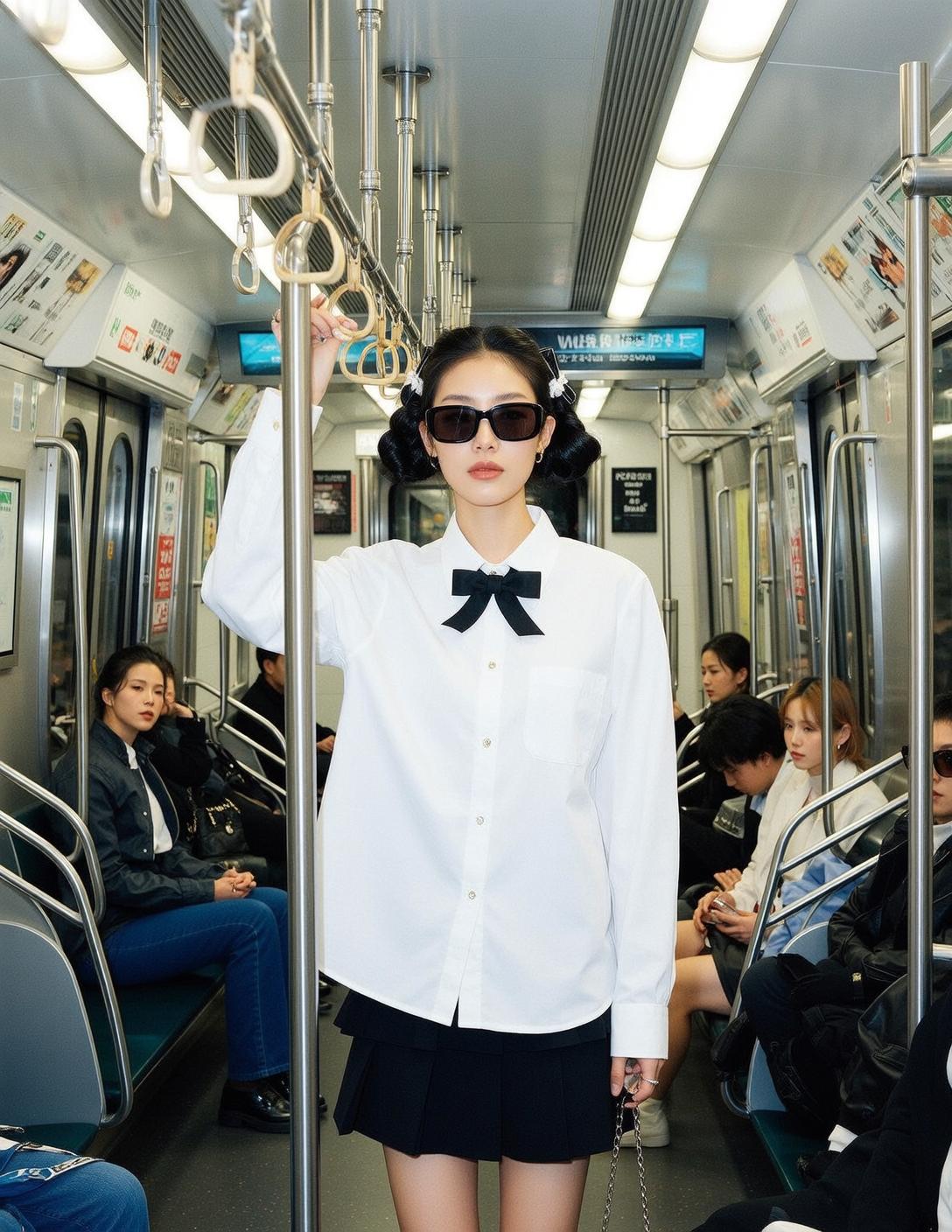 Subway Car White Shirt Black Bow Mini Skirt