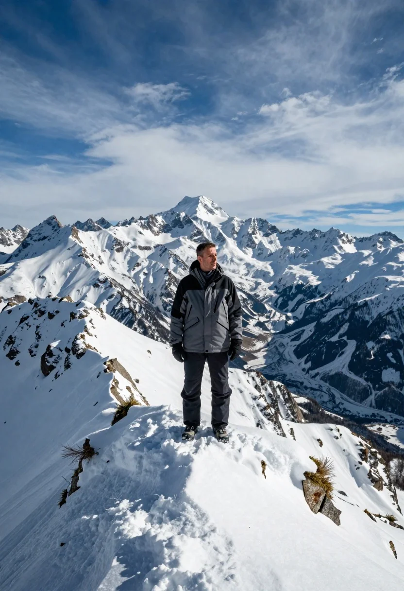 Lone Man Stands Atop Snowy Mountain Ridge With Vast Range