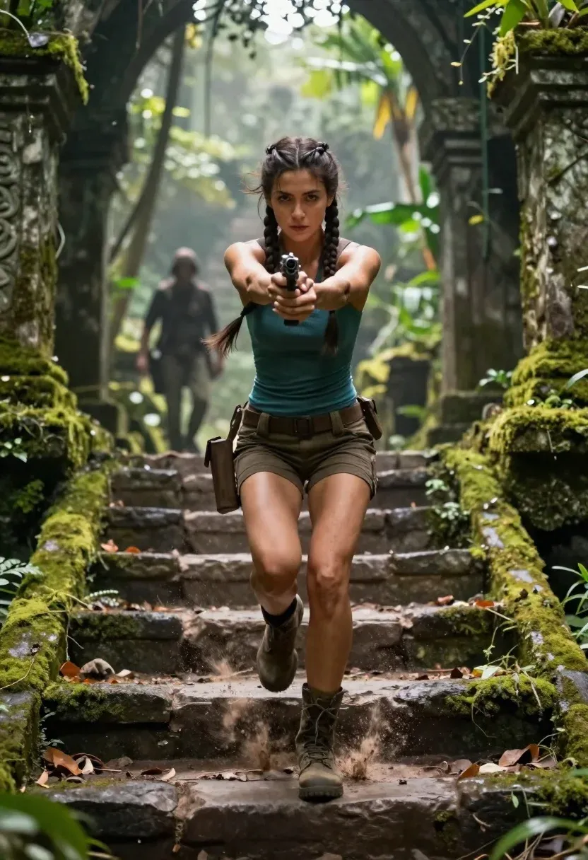 Determined Woman With Dark Hair Styled Two Braids Runs Forward