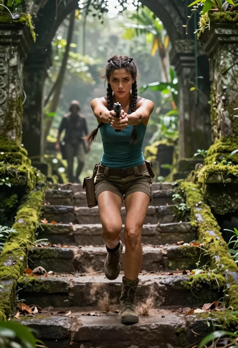 Determined Woman With Dark Hair Styled Two Braids Runs Forward