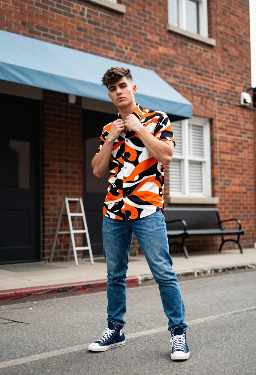Young Man Stands Confidently Dynamic Pose Paved Street Outside Brick