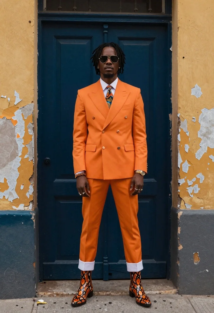 Photorealistic Street Portrait Stylish Man Standing Confidently The Doorway Weathered reference photo