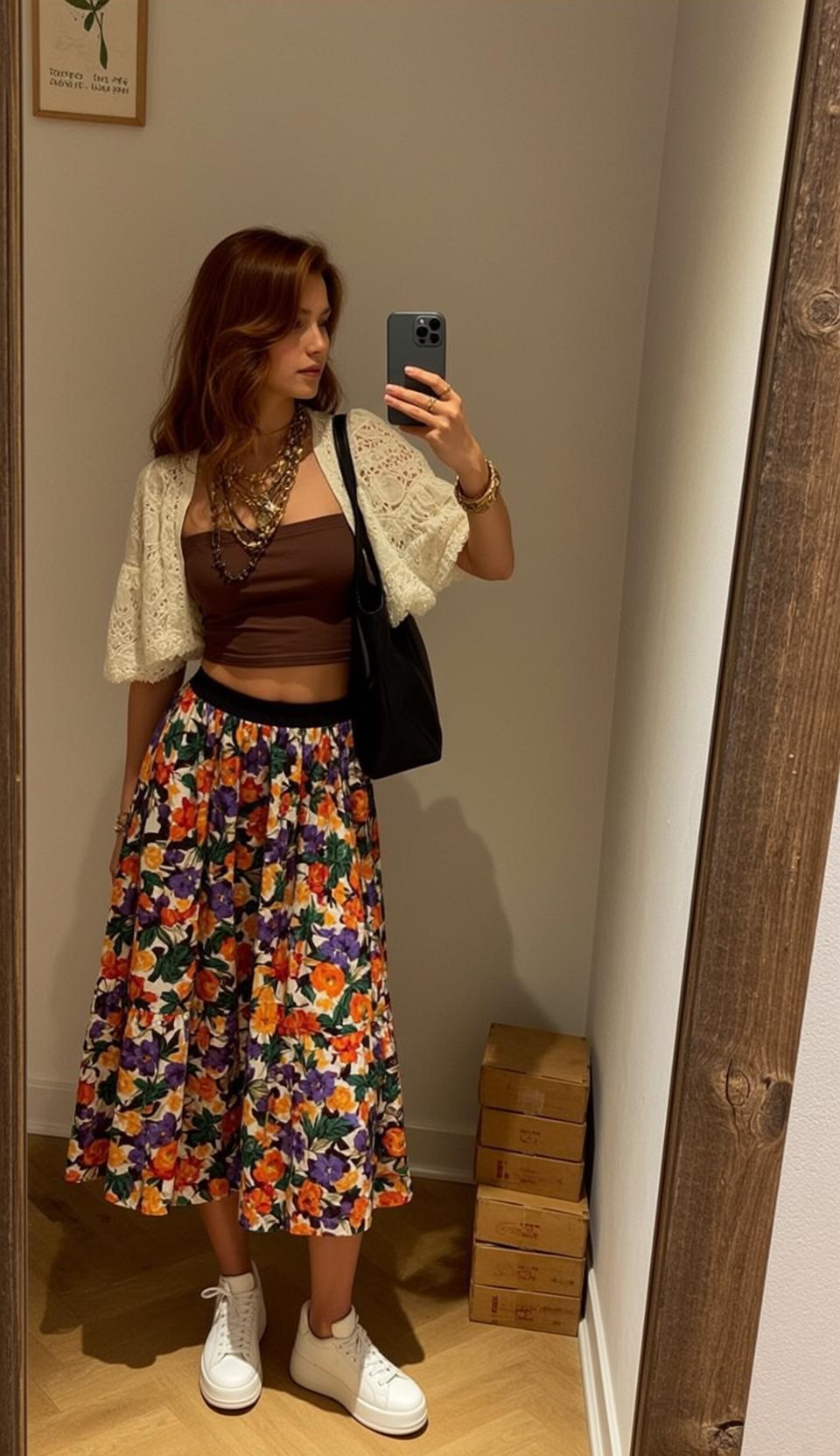 Floral Skirt And Crochet Cardigan By Mirror