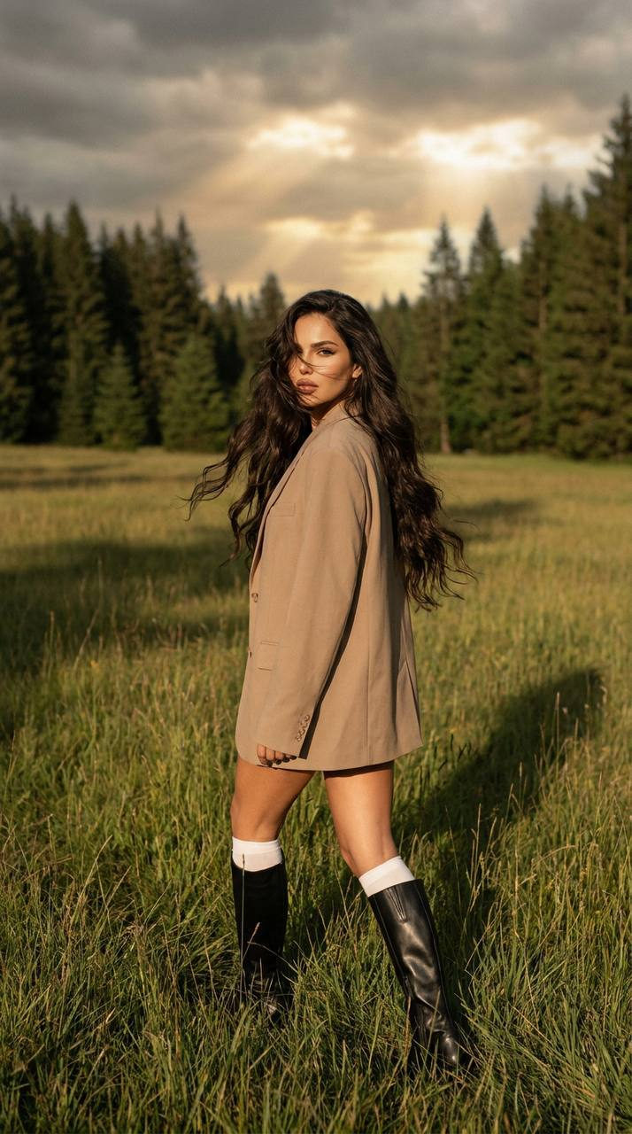Girl Walking In Meadow Wearing Oversized Beige Blazer