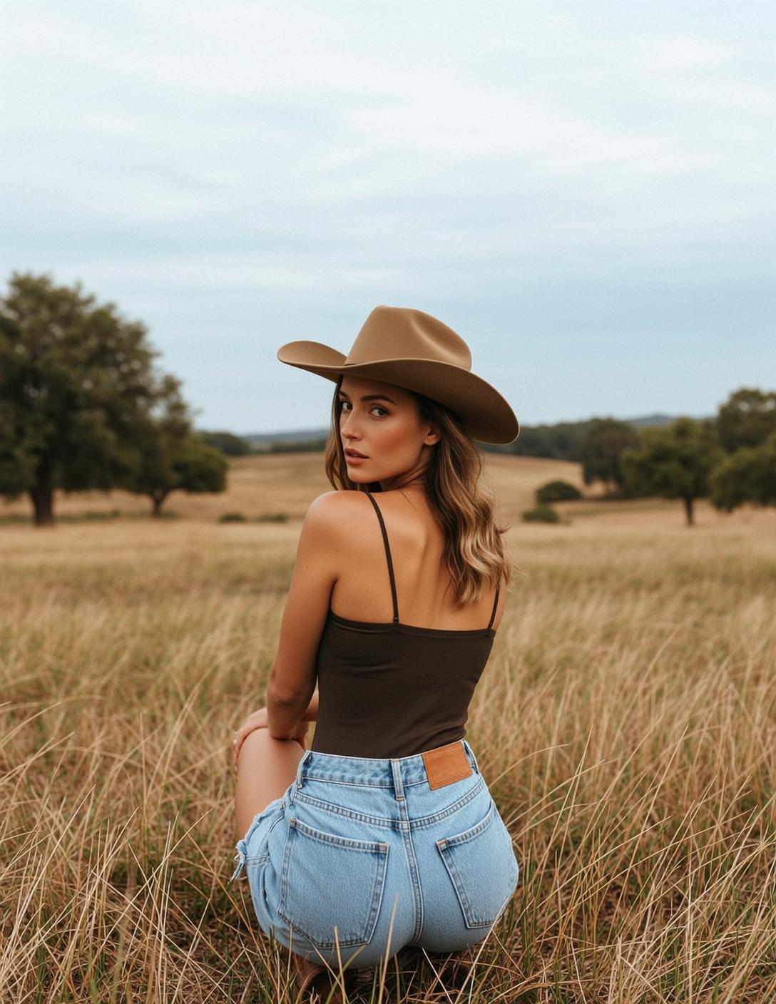 Cowboy Hat Crouch in Field