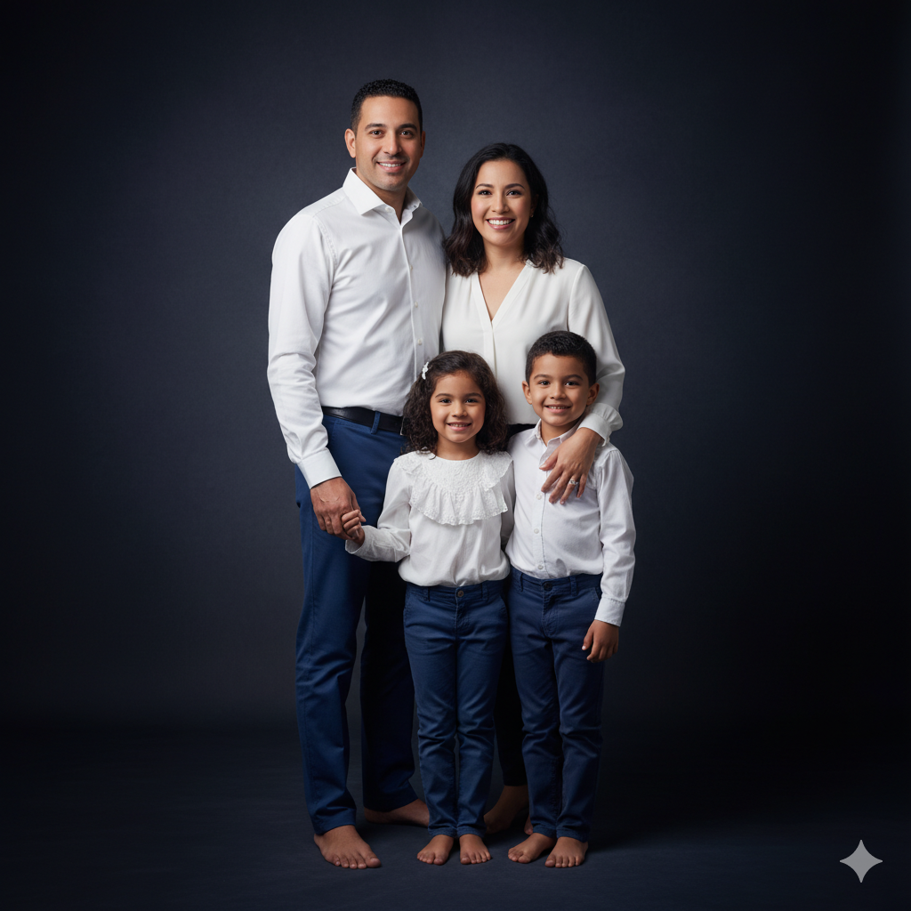 A family portrait featuring three people in white shirts and blue pants, against a dark professional background, maintaining facial fidelity.