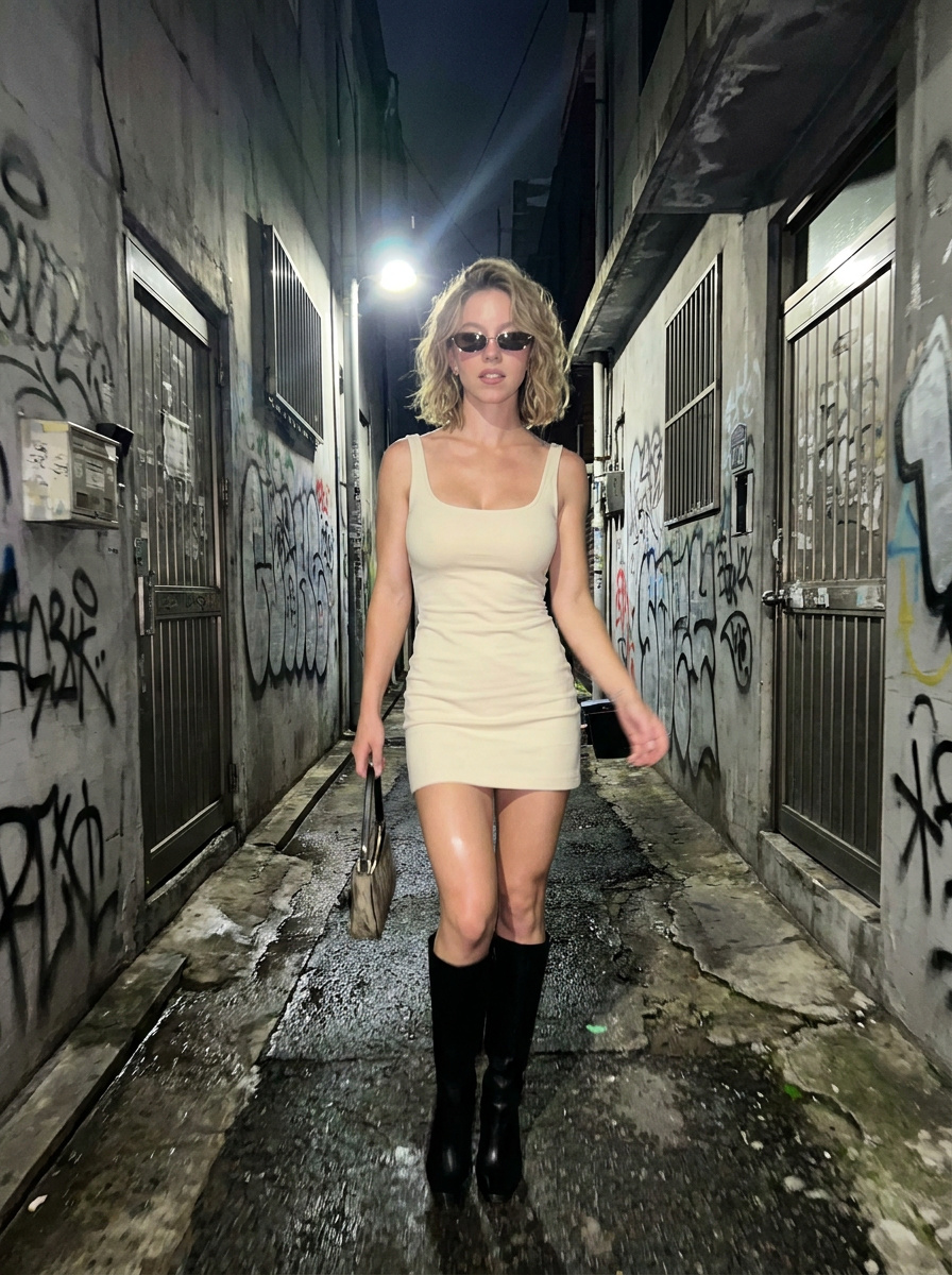 Walking Confidently In Narrow Urban Alley At Night