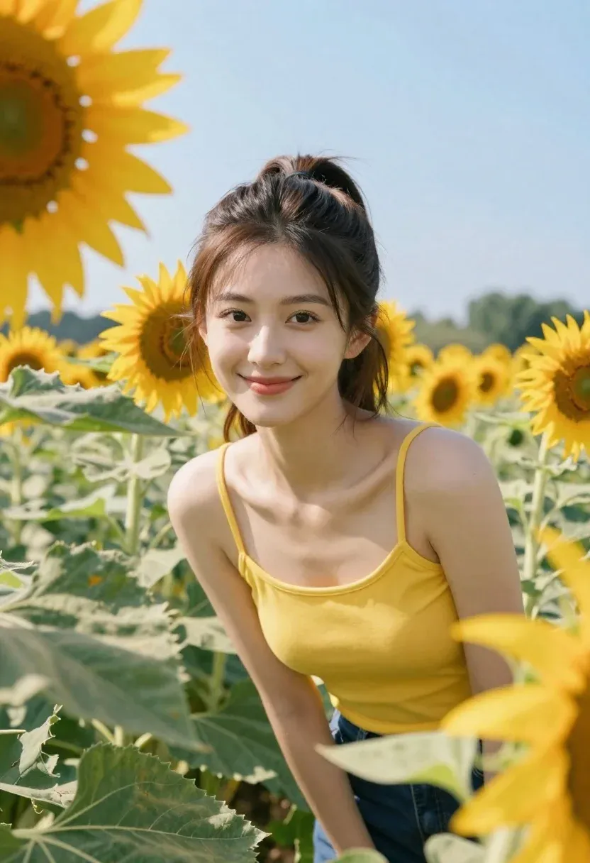 Woman With Dark Hair Ponytail Smiles Warmly While Standing Sunflower