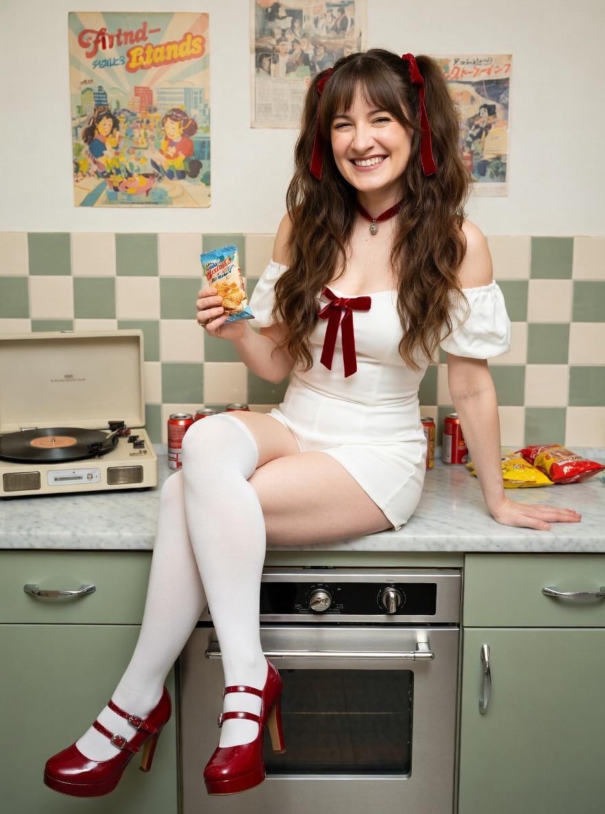 Retro Kitchen Counter With Vintage Romper And Red Bow