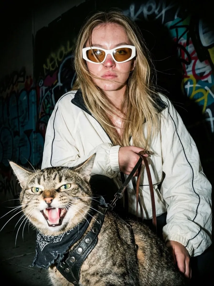 Sunglasses Crouching With Hissing Cat And Track Jacket