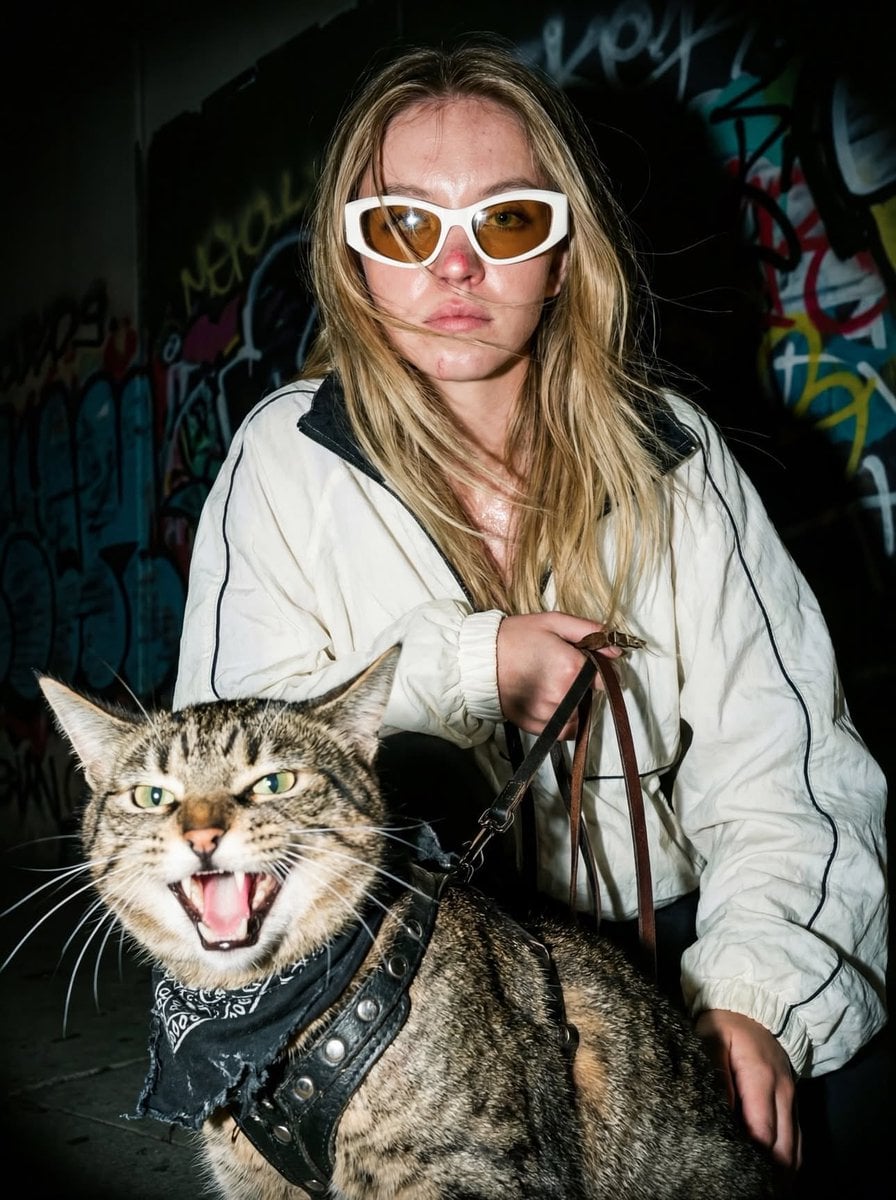 Crouching With Hissing Cat And Track Jacket