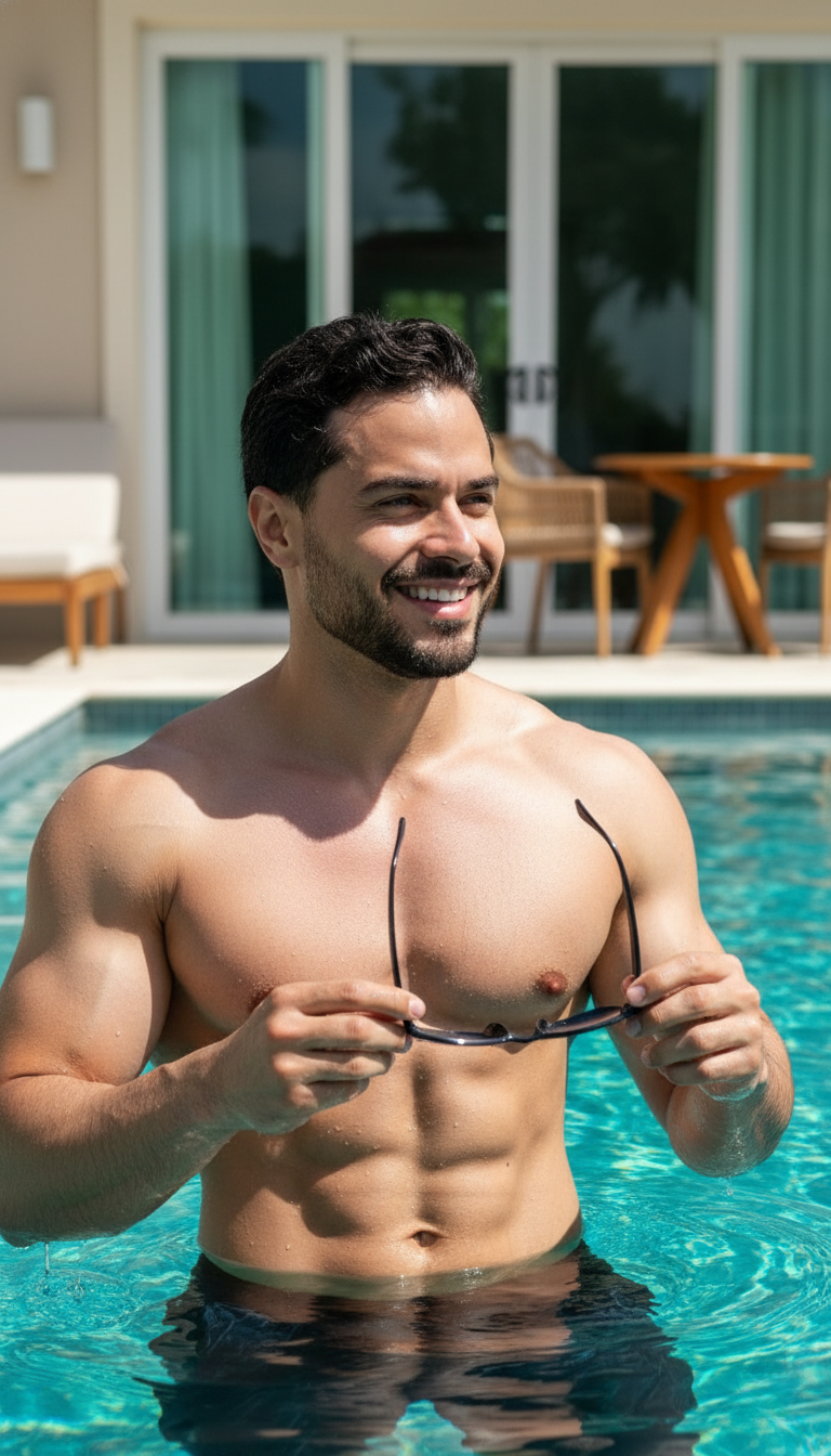 Close-up of a muscular man in a swimming pool, holding sunglasses, smiling under bright sunlight.
