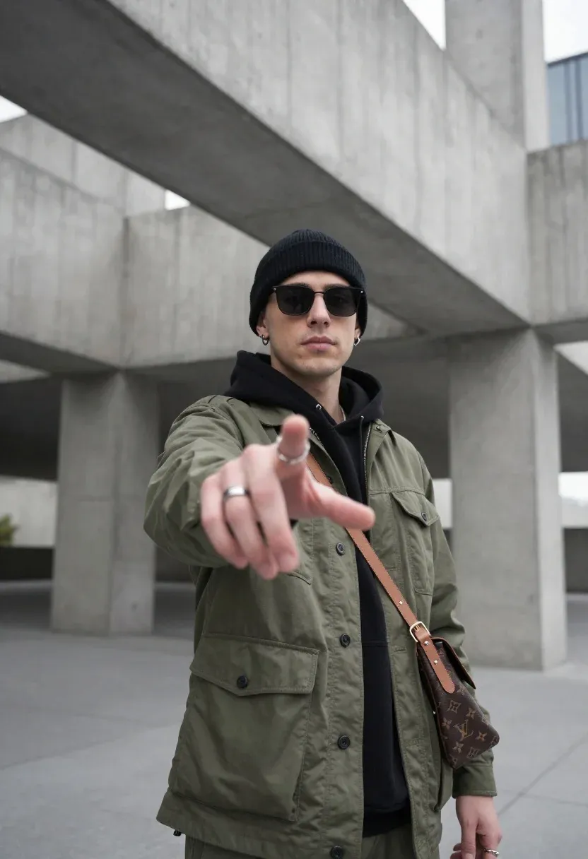 Young Man Stands Modern Concrete Architectural Space Reaching His Hand