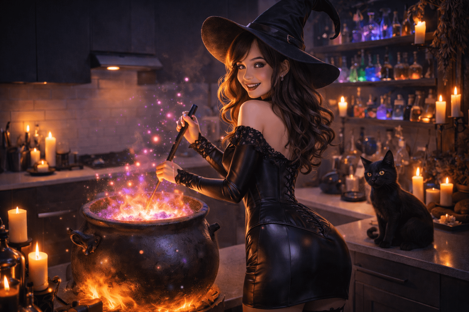 A beautiful witch in a black pointed hat stirring a glowing cauldron in a rustic kitchen, surrounded by glass potion bottles.