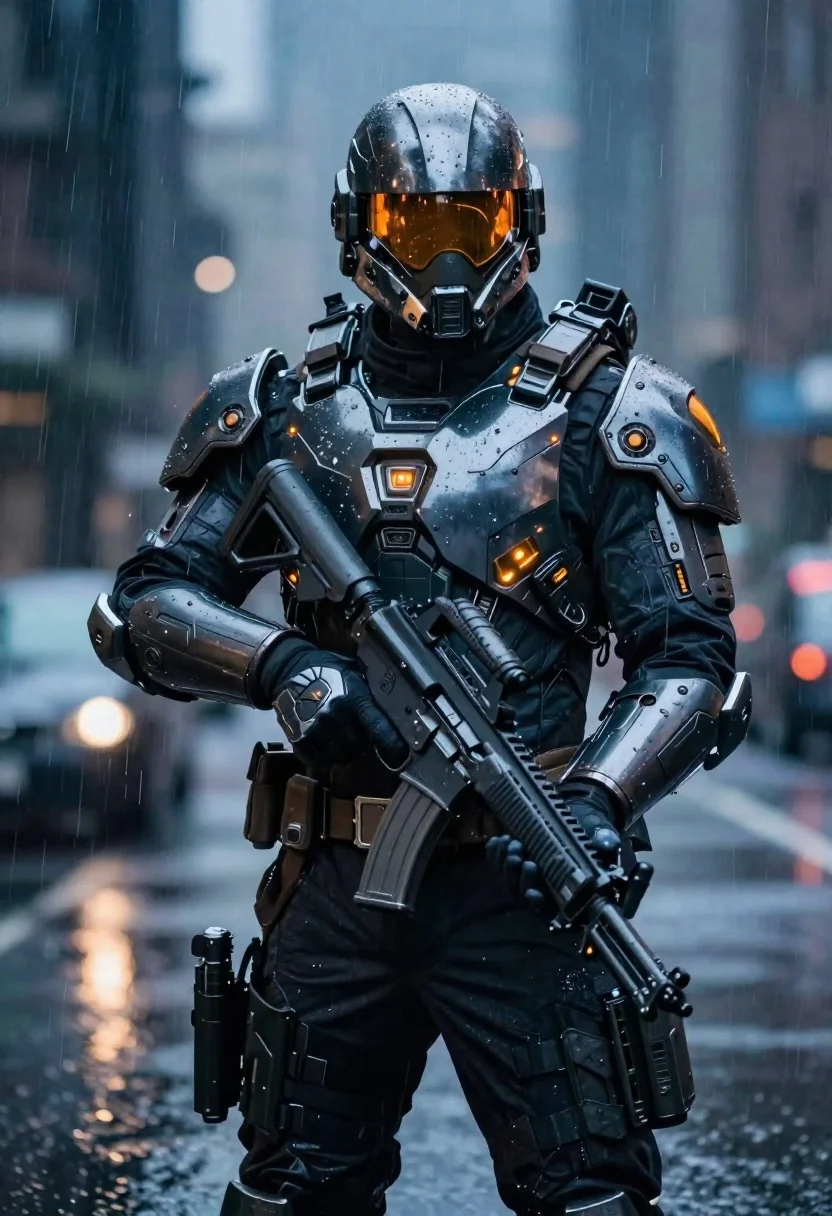 Futuristic Soldier Standing Confidently Rainy Urban Setting Subject Heavily Armored reference photo