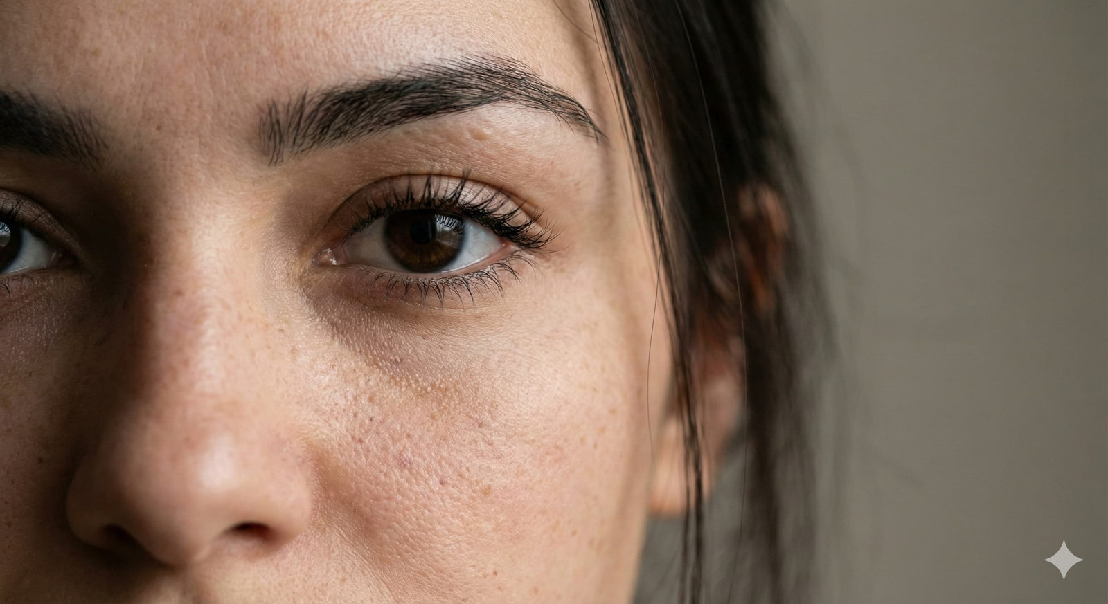 Close-up of a female face showcasing natural skin textures, soft lighting, and defined eye details.