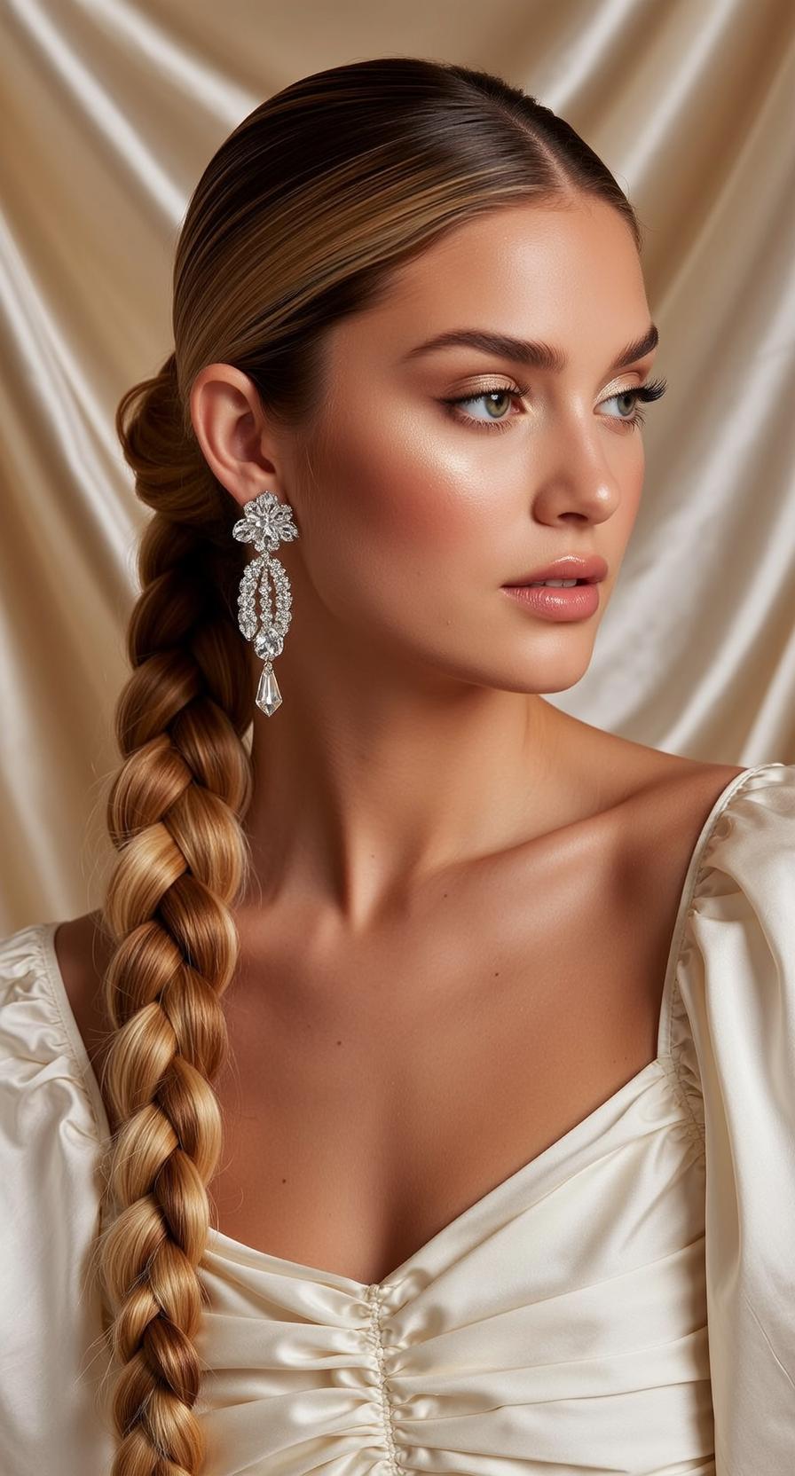 Blonde Braided Hair Ivory Satin Sweetheart Neckline Earrings